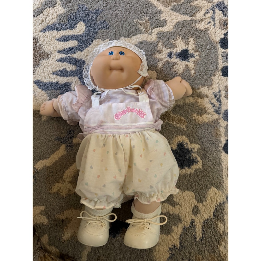 Vintage 1985 Cabbage Patch Kids Doll Blonde Tuft Blue Eyes Pink Gingham Outfit